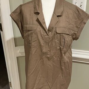 J. Jill Women's Brown/Olive Short Sleeve Cotton Blouse, NWOT, L